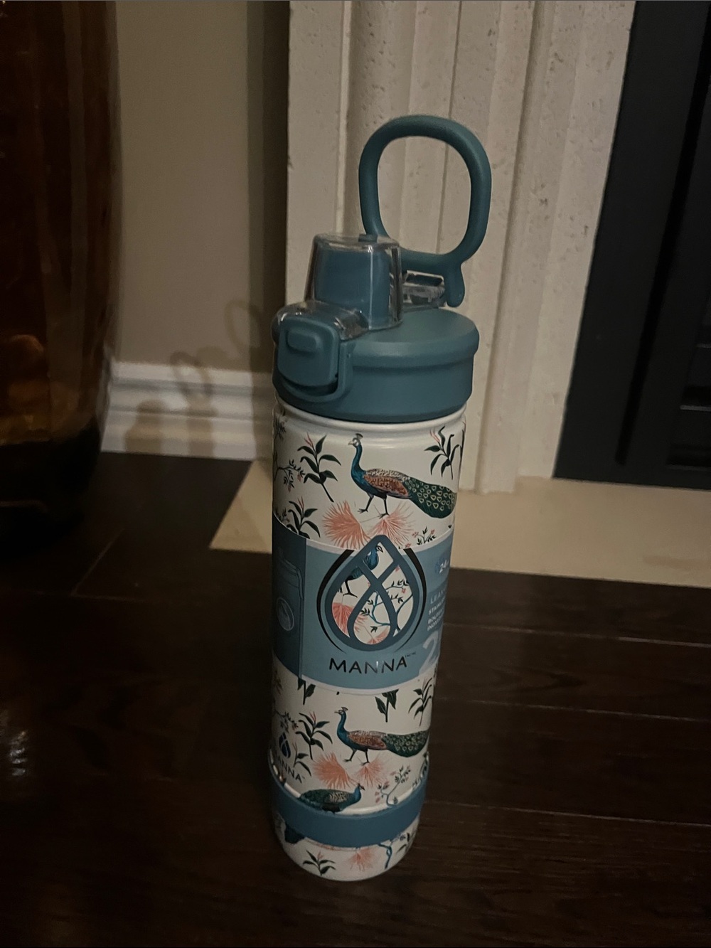 Anna Teal and White Peacock Pattern Bottle